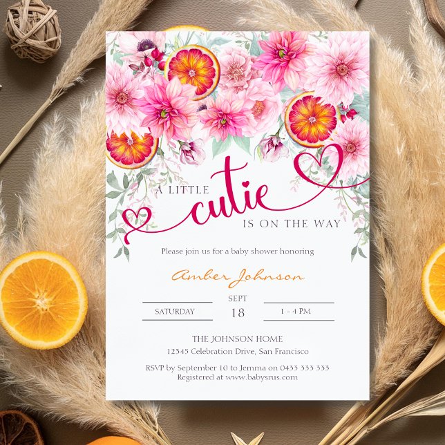 A Little Cutie Citrus and Pink Floral Baby Shower Invitation (A Little Cutie is on the way citrus and pink flowers baby shower invitation)