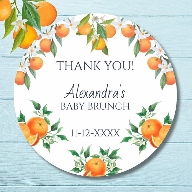 A Little Cutie Citrus Baby Brunch Thank You Classic Round Sticker (Creator Uploaded)