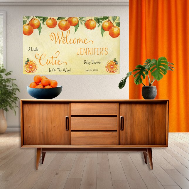 A Little Cutie Citrus Watercolor Baby Shower Banner ("Welcome" "A Little Cutie Is On The Way!" Orange Clementine Citrus-Themed Baby Shower Banner)