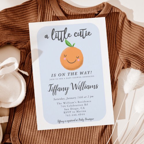 A Little Cutie Is On The Way Blue Baby Shower Invitation