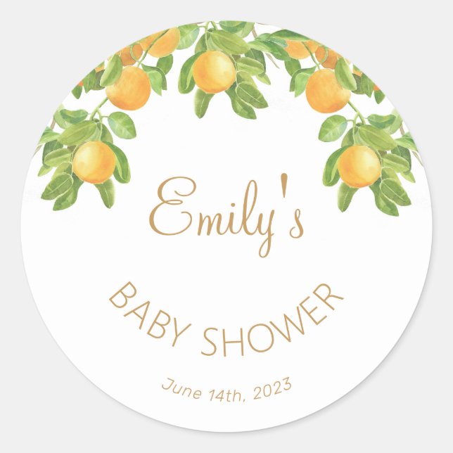 A Little Cutie is on the Way Citrus Baby Shower Classic Round Sticker (Front)