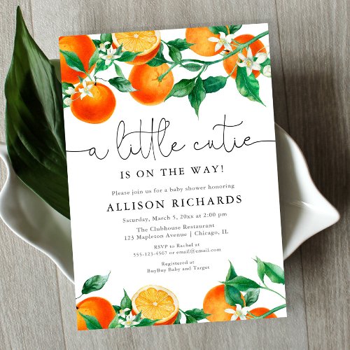 A little cutie is on the way citrus baby shower invitation