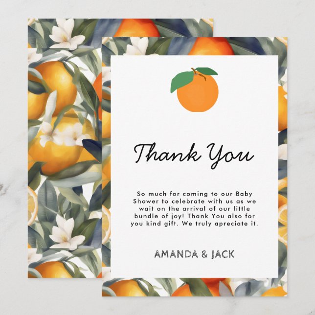 A Little Cutie is on the Way Citrus Baby Shower Thank You Card (Front/Back)