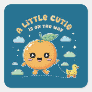 A Little Cutie is On The Way Cute Orange Baby Square Sticker