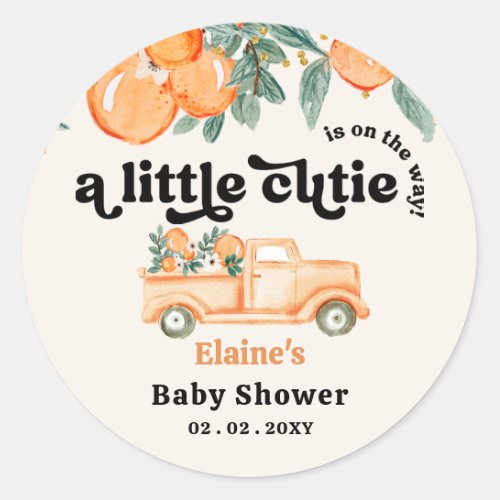 A Little Cutie Is On The Way Orange Baby Shower  Classic Round Sticker