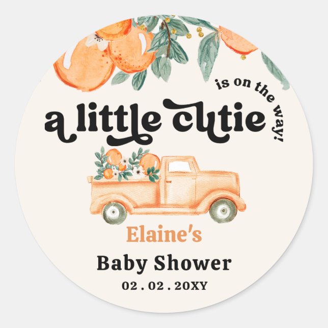 A Little Cutie Is On The Way Orange Baby Shower  Classic Round Sticker (Front)