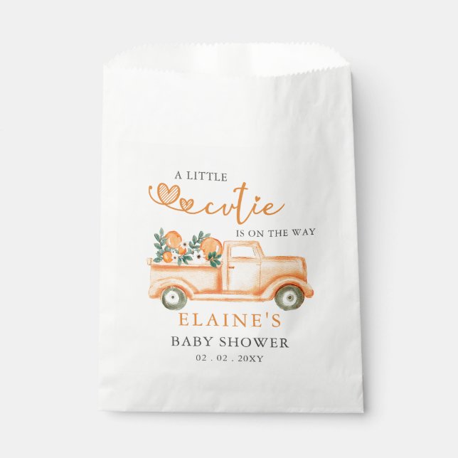 A Little Cutie Is On The Way Orange Baby Shower  Favor Bag (Front)