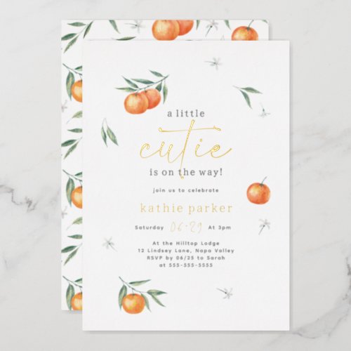 A Little Cutie is on the Way Orange Baby Shower Foil Invitation