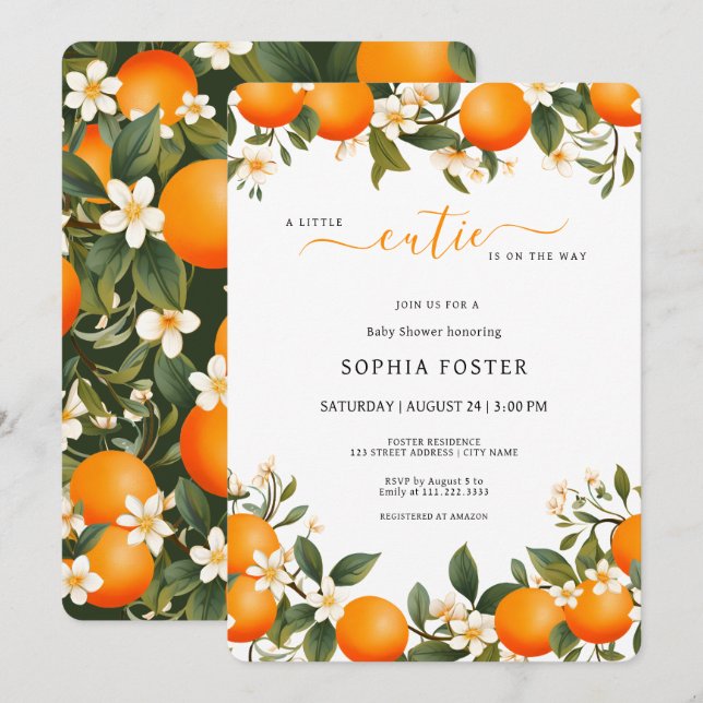 A Little Cutie is on the Way Orange Baby Shower Invitation (Front/Back)
