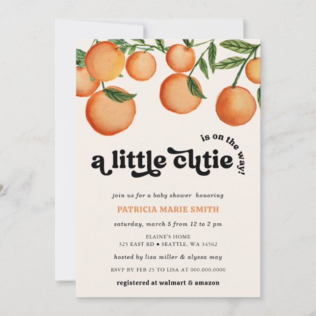 A Little Cutie Is On The Way Orange Baby Shower Invitation (Front)