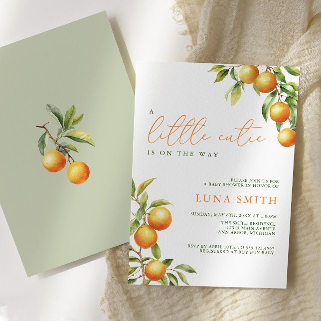 A Little Cutie Is On The Way Orange Baby Shower Invitation (Creator Uploaded)