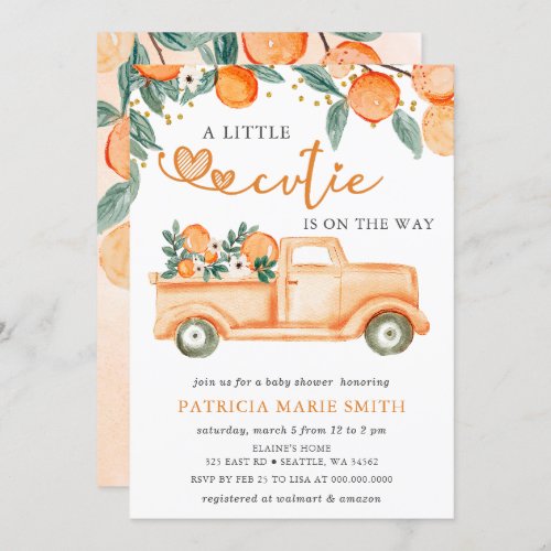 A Little Cutie Is On The Way Orange Baby Shower Invitation