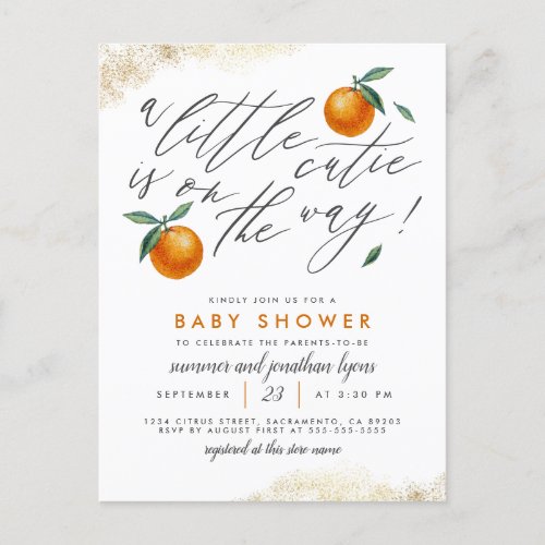 A Little Cutie Is On The Way Orange Baby Shower Invitation Postcard