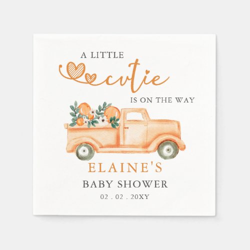 A Little Cutie Is On The Way Orange Baby Shower  Napkins