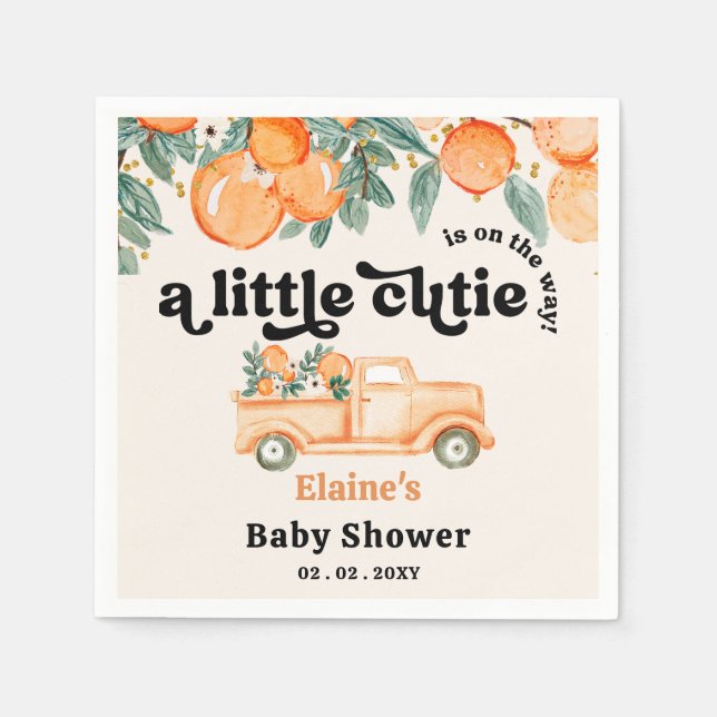A Little Cutie Is On The Way Orange Baby Shower  Napkins (Front)