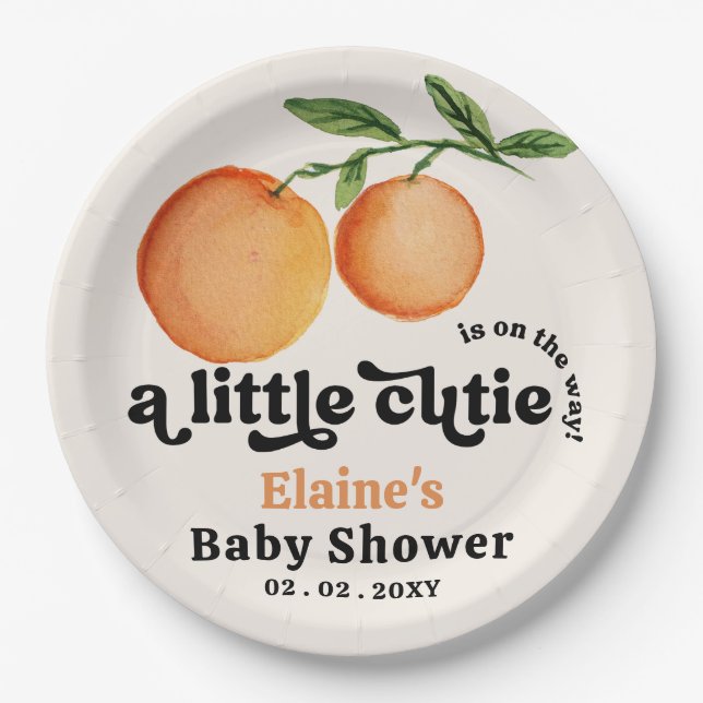 A Little Cutie Is On The Way Orange Baby Shower  Paper Plates (Front)