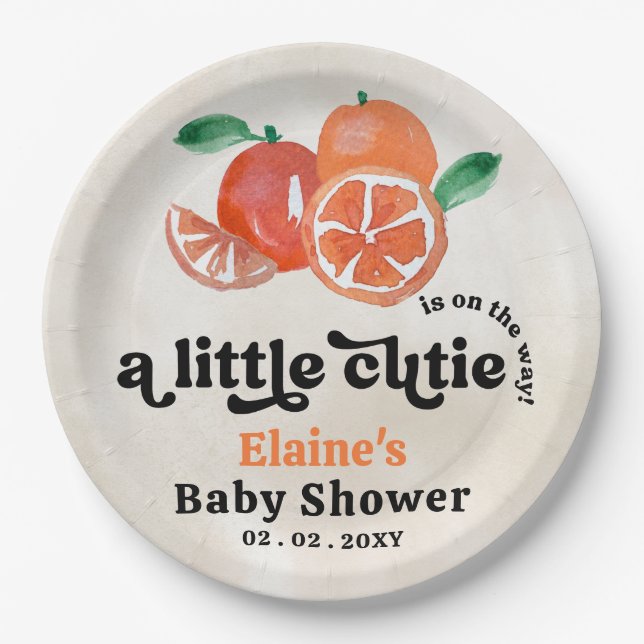 A Little Cutie Is On The Way Orange Baby Shower  Paper Plates (Front)