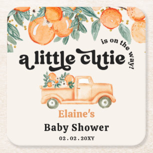 A Little Cutie Is On The Way Orange Baby Shower Square Paper Coaster