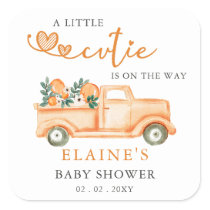 A Little Cutie Is On The Way Orange Baby Shower  Square Sticker