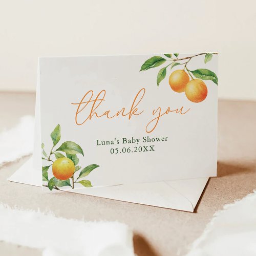 A Little Cutie Is On The Way Orange Baby Shower  Thank You Card