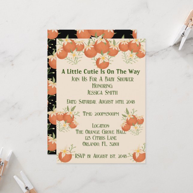 A Little Cutie is On The Way -Orange Blossom-Black Invitation (Front/Back In Situ)