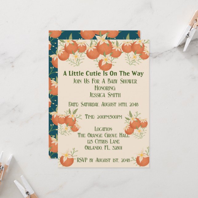 A Little Cutie is On The Way -Orange Blossom-Teal Invitation (Front/Back In Situ)
