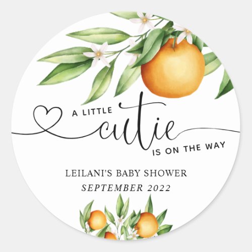 A Little Cutie is on the way Oranges Baby Shower Classic Round Sticker - With a little cutie on the way, this orange theme is perfect for a baby shower.
