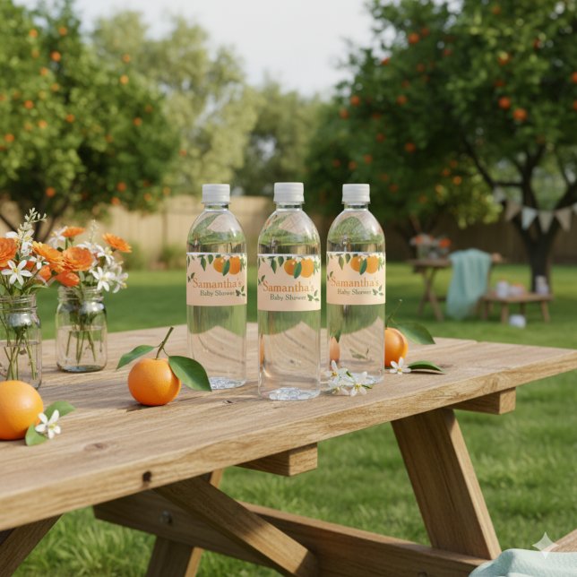 A Little Cutie Orange Baby Shower Water Bottle Label (Creator Uploaded)