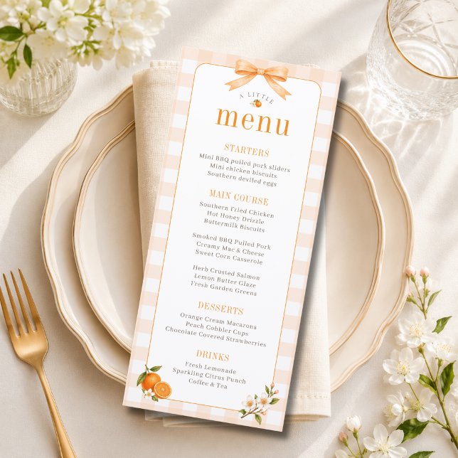 A Little Cutie Orange Bow Gingham Baby Shower  Menu (Creator Uploaded)