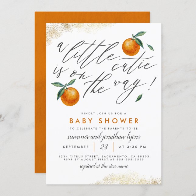 A Little Cutie Orange Gender Neutral Baby Shower Invitation (Front/Back)