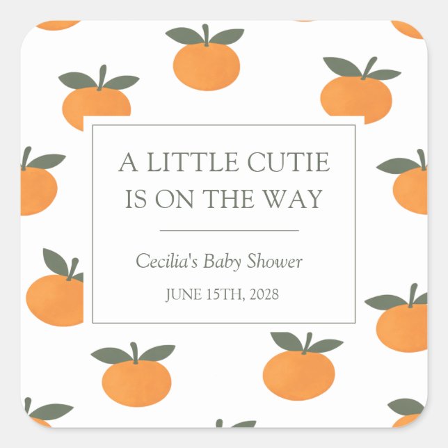 A Little Cutie Orange Gender Neutral Baby Shower Square Sticker (Front)