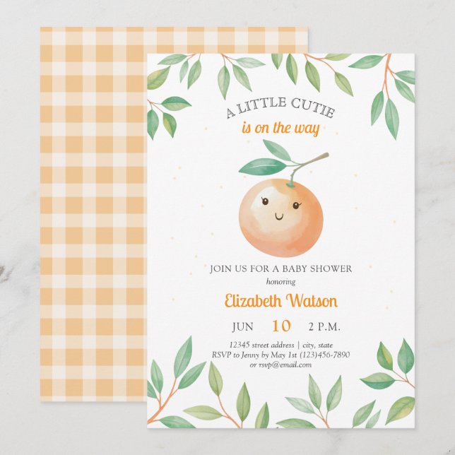 A Little Cutie Orange Gingham Citrus Baby Shower Invitation (Front/Back)
