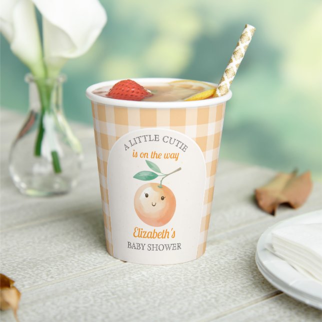A Little Cutie Orange Gingham Citrus Baby Shower Paper Cups (Insitu)