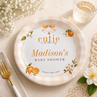 A Little Cutie Orange Gingham Neutral Baby Shower  Paper Plates