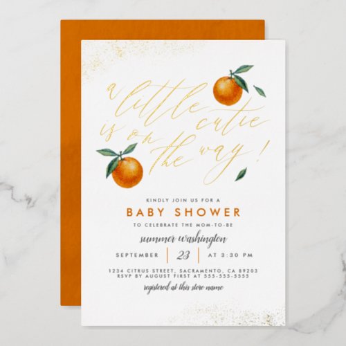 A Little Cutie Orange Neutral Baby Shower Foil Invitation