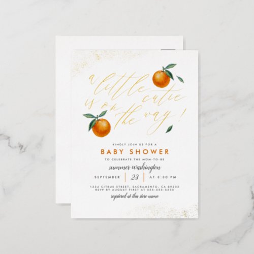 A Little Cutie Orange Neutral Baby Shower Foil Invitation Postcard