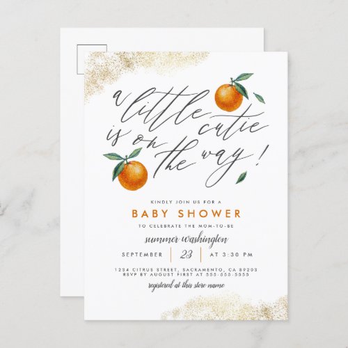 A Little Cutie Orange Neutral Baby Shower Invitation Postcard