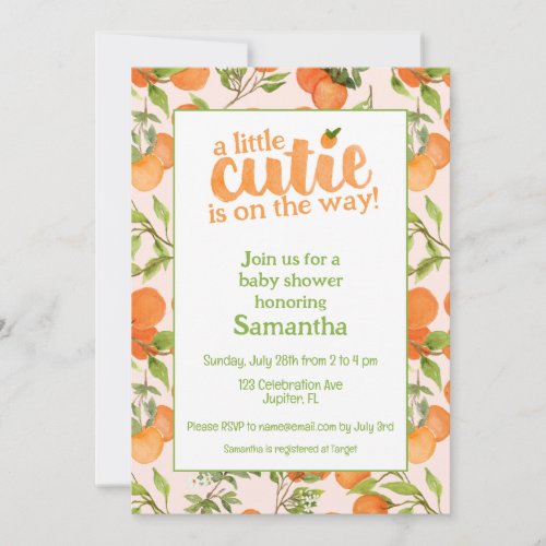 A Little Cutie Peach Background Baby Shower Invitation