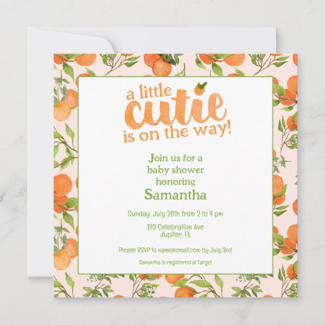 A Little Cutie Peach Background Square Baby Shower Invitation (Front)