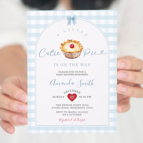 A Little Cutie Pie Blue Gingham Cherry Baby Shower Invitation