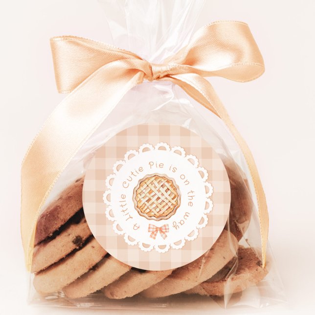 A little cutie Pie gingham Bow baby shower Classic Round Sticker (Creator Uploaded)