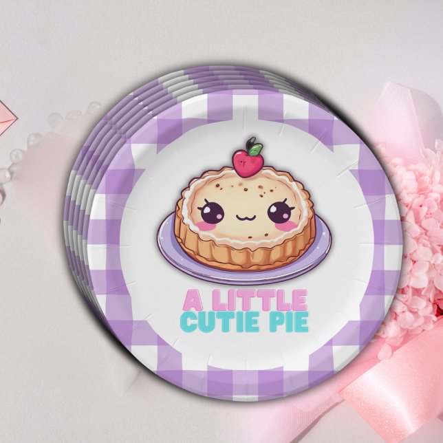 A Little Cutie Pie Kawaii Purple Plaid Baby Shower Paper Plates (Creator Uploaded)