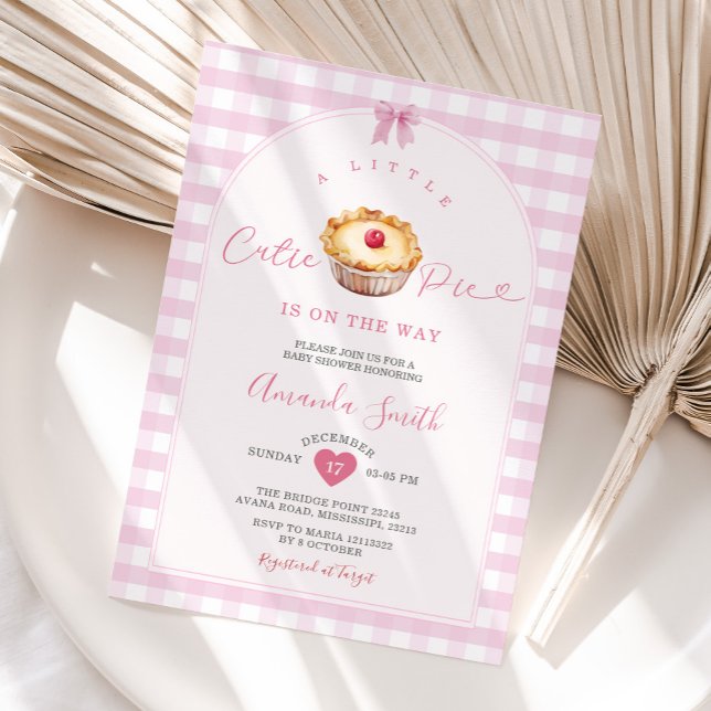 A Little Cutie Pie Pink Gingham Cherry Baby Shower Invitation (Creator Uploaded)