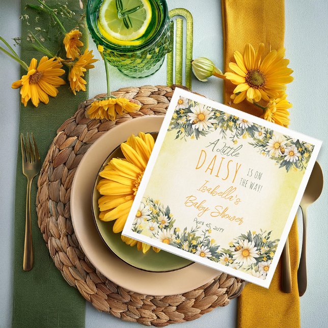 A Little Daisy Is On The Way Floral Baby Shower Napkins ("A Little Daisy Is On The Way!" Daisies Yellow, White and Green Floral Baby Shower Paper Napkins )