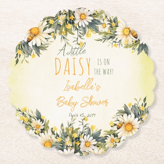 A Little Daisy Is On The Way Floral Baby Shower Paper Coaster (Front)