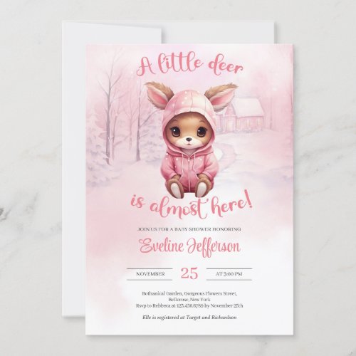 A little deer is almost here pink winter  invitation
