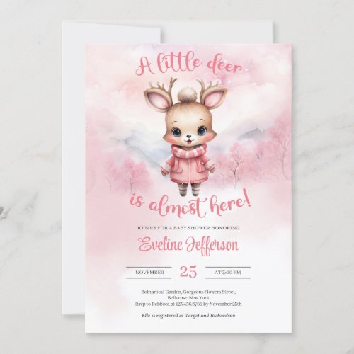 A little deer is almost here pink winter invitation