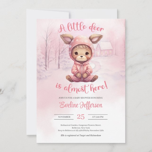 A little deer is almost here with pink sweatshirt invitation (Front)