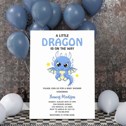 A Little Dragon Cute Blue Baby Boy Shower Invitation