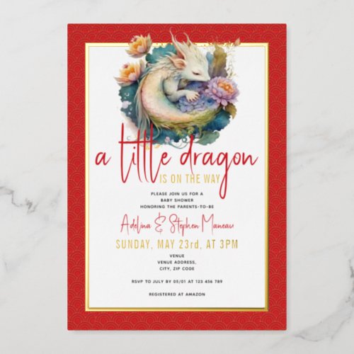A Little Dragon Is On The Way Red Baby Shower Foil Invitation